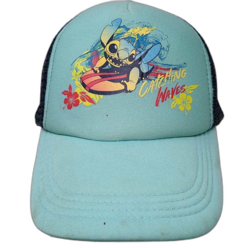 Disney Trucker Hat Blue Yellow Red One Size Stitch Catching Waves Mesh Snapback